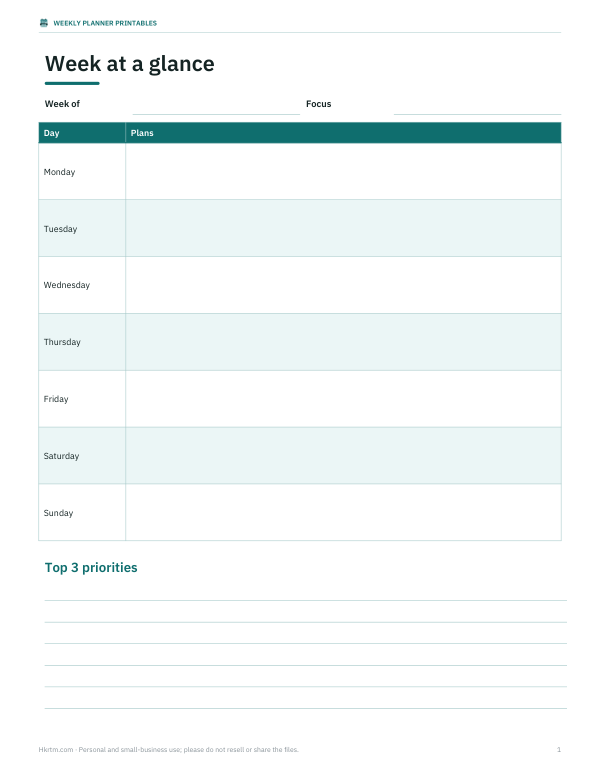 Preview of Printable Week at a Glance